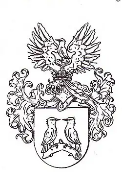 Wappen des niedersächsischen Adelsgeschlechts Specht: Im Schild zwei (grüne) und im Oberwappen ein Specht.