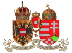 Kleines gemeinsames Wappen Österreich-Ungarn 1915 Österreich unter der Rudolfskrone, heraldisch links Transleithanien unter der Stephanskrone, mittig Habsburg-Lothringen unter der Habsburgerkrone.
