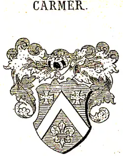 Stammwappen nach Siebmacher mit anderer Tingierung (Sparren silber, Kreuze u. Lilie Gold, Decken blau-gold)[3]