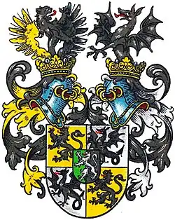 Wappen der Freiherren zu Innhausen und Knyphausen von 1588 im Wappenbuch des Westfälischen Adels (der Helm der Manninga fehlt hier)