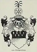 Herren von Klingenberg, geteilt mit Schippen(?), Helmzier sechsspeichiges Rad