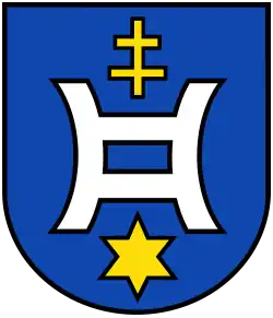 Wappen von Wallerfangen mit Mühleisen, Lothringer Kreuz und Stern