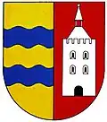 Das Weckhovener Wappen: rechts ist die Kyburg abgebildet, links die Erft und der Gillbach.