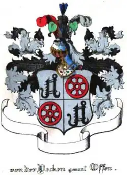 Dasselbe Wappen der Familie von der Decken gen. von Offen viergeteilt im Wappenbuch des Königreichs Hannover 1852