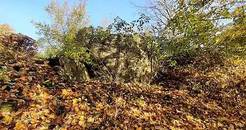 Außenseite der Reste der Ringmauer mit Rondell (vermutlich ehemaliger Eckturm)