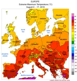 Höchsttemperatur 4. – 17. August 2019 (lila > 40 °C, rot > 30 °C; NOAA-NWS-CPC)