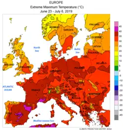 Höchsttemperatur 23. Juni – 6. Juli 2019 (lila > 40 °C, rot > 30 °C; NOAA-NWS-CPC)