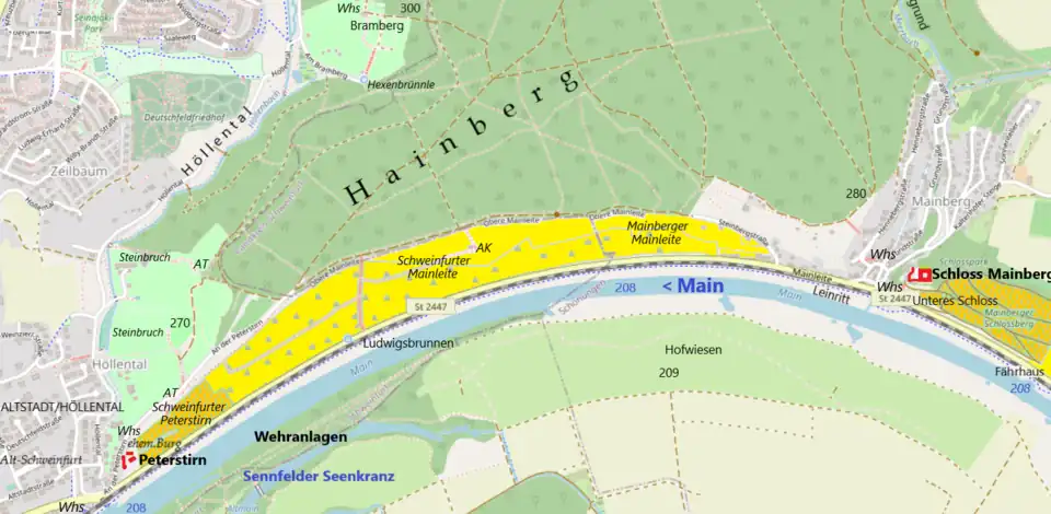 Die Mainleite beginnt an der Peterstirn und endet in Mainberg. Ocker: Heutiger Weinbau. Gelb: Weinbau bis Mitte des 20.&nbsp;Jahrhunderts