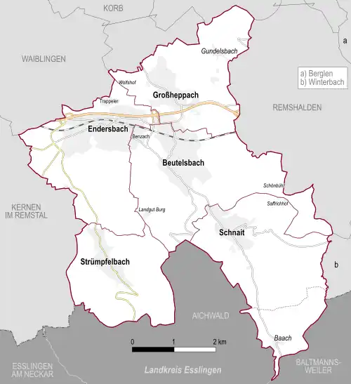 Grafik mit den Stadtteilen der Stadt Weinstadt