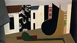 Fensterausblick auf eine in flache Formen aufgelöste Häuserfront ohne jede erkennbare Tiefe. Im Vordergrund befinden sich stilisierte Noten oder möglicherweise eine Laute.