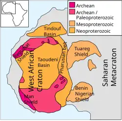 Westafrika-Kraton mit angrenzendem Transsahara-Gürtel (Pharusian belt) sowie Tuareg- und Binin-Nigeriaschilde