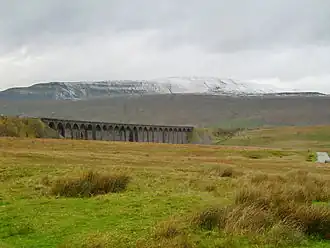 Whernside gesehen vom Ribbledale, im Vordergrund das Ribblehead-Viadukt