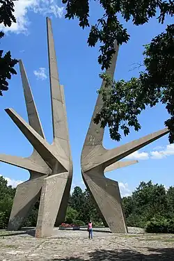 Das Kosmaj-Denkmal, eine 30 Meter hohe sternförmige Konstruktion bestehend aus fünf separaten Säulen aus Beton. Im Vordergrund sind Bäume zu sehen. Eine Person steht vor dem Denkmal und blickt hinauf.