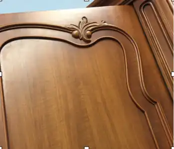 Schranktür Chippendale, 1960&nbsp;– Neuzeitliche Konstruktion aus vollflächig furniertem Holzwerkstoff (Sperrholz oder Spanplatte) mit applizierten geschweiften Profilen und Schnitzereien zur Andeutung des stilgemäßen Bildes von Rahmen und Füllung. Vorteil: Formstabilität bei Wechsel der Luftfeuchtigkeit.