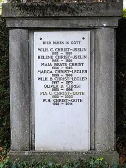 Wilhelm Christ-Iselin (1853–1926) Industrieller (Schappespinnerei), Autor. Wilhelm B. Christ-Legler (1887–1970), Oliver D. Christ (1950–1996), W.H Christ-Goth (1922–2014). Familiengrab: Christ-Jselin-Legler-Goth, auf dem Wolfgottesacker, Basel.