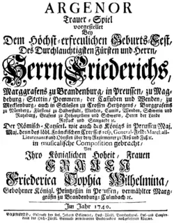 Wilhelmine von Bayreuth – Argenore – Titelseite des Librettos in Deutsch – Bayreuth 1740