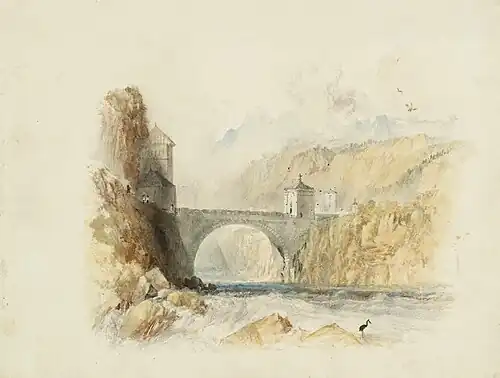 Lasierender Farbauftrag. William Turner: Brücke bei St. Maurice. Aquarell.