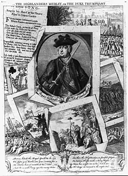 „Das Highlanders-Medley“ – Kopf- und Schulterportrait des siegreichen Dukes, mit Vignetten berühmter Schlachtszenen und Satiren und Versen, die die Eroberung der schottischen Hochländer preisen. 1746 veröffentlicht.