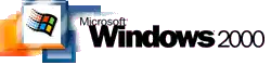 Schriftzug „Windows (R)“ (Fettdruck, serifenlos), gefolgt vom Zusatz „2000“ (Normaldruck), über dem „W“ klein geschriebener Schriftzug „Microsoft (R)“ (ähnlich dem Design von „Windows 95/98“), im linken Bildteil (teilweise vom Schriftzug überlagert) vier stilisierte übereinander liegende dreidimensionale Fenster, das große Fenster im Vordergrund mit einem wehenden bunten Windowslogo darin