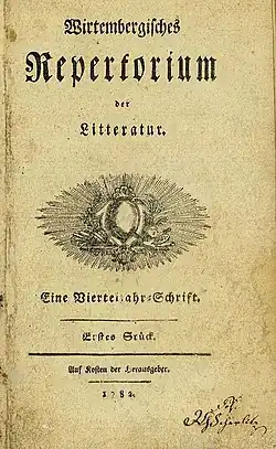 Titelblatt Wirtembergisches Repertorium der Litteratur, 1. Stück 1782