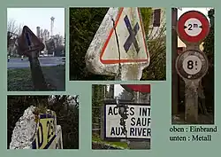 Beschädigte Michelin-Verkehrszeichen durch Witterungseinflüsse