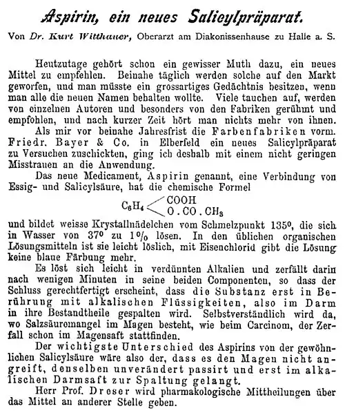 Witthausers erster klinischer Bericht über Aspirin[33]