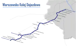 Streckenverlauf, dunkelgrau = Stadtbereich Warschau
