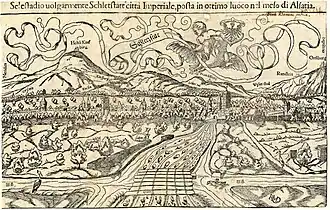 Ansicht von Schlettstadt mit der Hohkönigsburg, vor 1550; Holzschnitt aus dem ehemaligen Wolf-Dietrich-Klebeband Städtebilder