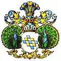 Wappen derer von Buddenbrock im schlesischen Wappenbuch von Alfred Freiherr von Krane mit radschlagenden Pfauen als Schildhaltern