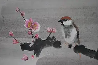 Pflaumenblüten und Spatz