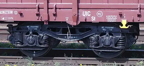 Y25-Dreh­ge­stell mit 1,80&nbsp;m Achsabstand an einem Res-Wagen in (UIC-Stan­dard­bau­art) der PKP