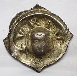 Vierzipfeliger Pfennig der Frauenabtei Zürich (Fraumünster), 14. Jahrhundert, Äbtissinkopf darüber ZVRICH, HMZ 1-627