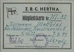 Mitgliedsausweis für ZBC Hertha aus dem Jahr 1949