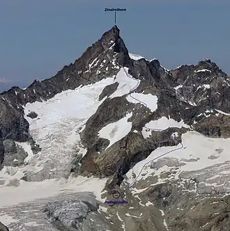 Triftgletscher von Süden, links des Südostgrats des Zinalrothorns