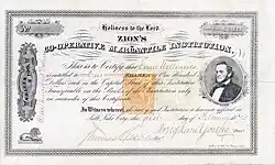 Aktie der Zion’s Co-Operative Mercantile Institution, ausgestellt am 1. Februar 1873 in Salt Lake City, Utah Territory, im Original unterschrieben von Brigham Young als Präsident