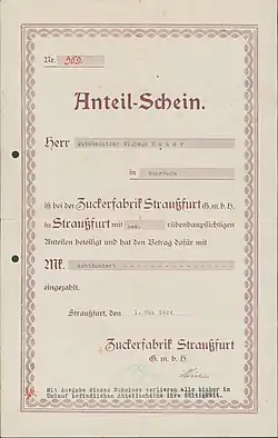 Schuldschein der Zuckerfabrik Straußfurt aus dem Jahr 1924