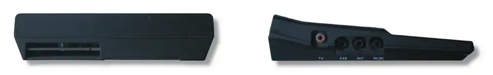 Die Schnittstellen des ZX81: Erweiterungsport, Anschluss für Fernseher (TV), Kassettenrekorder (EAR, MIC) und Netzteil (9 V DC)