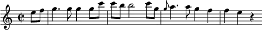 {
\clef violin \key c \major \time 2/2 \tempo 4 = 90
\set Score.tempoHideNote = ##t
\partial 4 e''8 f''
g''4. g''8 g''4 g''8 c'''
c'''8 b'' b''2 c'''8 g''
\grace g''8 a''4. a''8 g''4 f''
f''4 e'' r
}