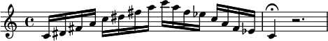{c'16 dis'16 fis'16 a'16 c''16 dis''16 fis''16 a''16 c'''16 a''16 fis''16 es''16 c''16 a'16 fis'16 es'16 c'4\fermata r2.}