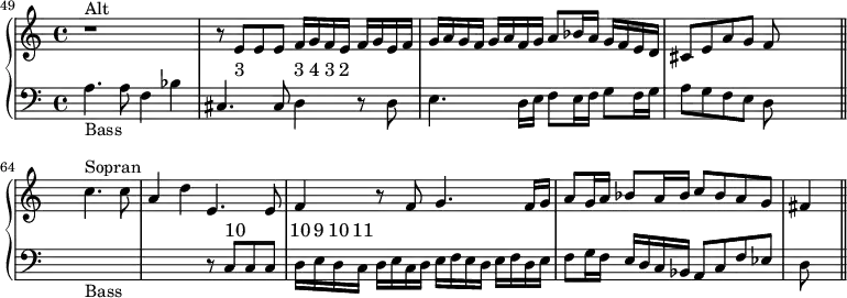 \new PianoStaff <<
\new Staff <<
\set Score.tempoHideNote = ##t
\time 4/4
\tempo 4 = 96
\set Score.currentBarNumber = #49
\relative c' { \bar "" r1^"Alt" r8 e e e f16 g f e f g e f g a g f g a f g a8 bes16 a g f e d cis8 e a g f s4. \bar "||" \set Score.currentBarNumber = #64 s2 c'4.^"Sopran" c8 a4 d e,4. e8 f4 r8 f g4. f16 g a8 g16 a bes8 a16 bes c8 bes a g fis4 \bar "||" }
\addlyrics { "3" _ _ "3" "4" "3" "2" }
>>
<<
\new Staff = "staff" {
\new Voice = "bass" {
\clef bass
\relative c' { a4._"Bass" a8 f4 bes cis,4. cis8 d4 r8 d e4. d16 e f8 e16 f g8 f16 g a8 g f e d s4. \bar "||" s2 s2_"Bass" s2 r8 c c c d16 e d c d e c d e f e d e f d e f8 g16 f e d c bes a8 c f es d}
}
}
\new Lyrics \with { alignAboveContext = "staff" } {
\lyricsto "bass" { _ _ _ _ _ _ _ _ _ _ _ _ _ _ _ _ _ _ _ _ _ _ "10" _ _ "10" "9" "10" "11" }
}
>>
>>