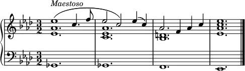 {
\set Score.tempoHideNote = ##t
\new PianoStaff <<
\new Staff { \clef violin \key as \major \time 3/2 \tempo 2 = 90
<< { \voiceOne
es''1(^\markup{\italic{Maestoso}} c''4. f''8
es''2 c'') es''4( c'')
as'2. f'4 as' c''
<c'' es''>1.
}
\new Voice { \voiceTwo
<es' as'>1.
<c' es' as'>1.
<bes d'>1.
<es' as'>1.
} >> \oneVoice
\bar "|."
}
\new Staff { \clef bass \key as \major \time 3/2
ges,1. ges, f, es, \bar "|."
}
>> }