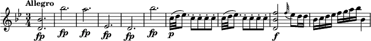 \relative c' {
\version "2.18.2"
\clef "treble"
\tempo "Allegro"
\key bes \major
\time 3/4
<d bes'>2. \fp bes'' \fp a \fp ees, \fp d \fp bes'' \fp
c,32\p (d ees8.) c8-. c8-. c8-. c8-. c32 (d ees8.) c8-. c8-. c8-. c8-.
<d, bes' f'>2\f \grace f'32 (ees8) d16 d
bes c d ees f g a bes bes,4
}