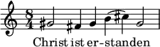  \relative c'' { \key c \major \time 8/4 gis2 fis4 gis b( cis) gis2 } \addlyrics {Christ ist er -- stan -- den } 