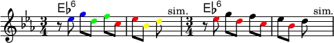 \version "2.18.2"
<< \chords {es2.:6 s es2.:6}
 \relative c'' {\key es \major \time 3/4 r8 \override NoteHead.color = #blue es8 \noBeam g8[ \override NoteHead.color = #green d]  \noBeam f \override NoteHead.color = #red c es[ \override NoteHead.color = #yellow bes] d s4.^\markup{sim.} \time 3/4 r8 \override NoteHead.color = #red es8 \noBeam \override NoteHead.color = #black g8[ \override NoteHead.color = #red d]  \noBeam \override NoteHead.color = #black f \override NoteHead.color = #red c \override NoteHead.color = #black es[ \override NoteHead.color = #red bes] \override NoteHead.color = #black d s4.^\markup{sim.} }
>>