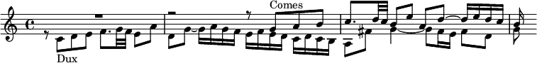 \relative{
\new Staff \tempo 4=70 \set Score.tempoHideNote = ##t
<<
{ \voiceOne R1 r2 r8 g'^"Comes" a b c8. d32 c b8 e a, d ~ d16 e d c b}
\new Voice= "Dux"
{ \voiceTwo r8 c,_"Dux" d e f8. g32 f e8 a8 d,8 g ~ g16 a g f e f e d c d c b a8 fis' g4~ g8 fis16 e fis8 d g}
>>
}