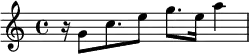 {\time 4/4 r16 g'8 c''8. e''8 g''8. e''16 a''4}