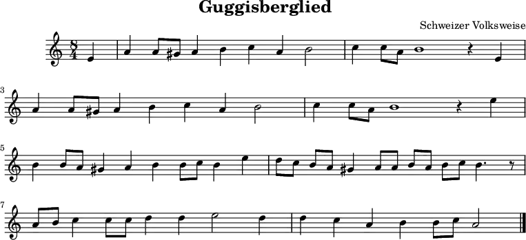 %\version "2.22.1"
\language "deutsch"
\header {
title = "Guggisberglied"
composer = "Schweizer Volksweise"
tagline = ##f
}
\score {
\midi {
\tempo 4 = 129
}
\layout { }
\new Staff \with {midiInstrument = "Flute"} {
\relative {
\clef "treble"
\time 8/4
\key c \major
\partial 4
e'4 a a8 gis a4 h c a h2 c4 c8 a h1 r4 e, \break
a a8 gis a4 h c a h2 c4 c8 a h1 r4 e \break
h h8 a gis4 a h h8 c h4 e d8 c h a gis4 a8 a h a h c h4. r8 \break
a h c4 c8 c d4 d e2 d4 d c a h h8 c a2 \bar "|."
}
}
}