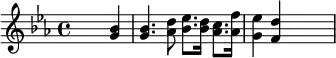 {\key es \major \skip2. <g' bes'>4 <g' bes'>4. <as' d''>8 <bes' es''>8. <bes' d''>16 <as' c''>8. <as' f''>16 <g' es''>4 <f' d''>4 \skip2}