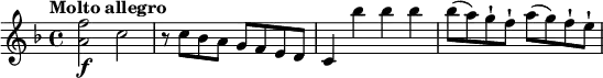 
\relative c''{
    \version "2.18.2"
    \key f \major
    \tempo "Molto allegro"
    \time 4/4
    \tempo 4 = 140
    <a f'>2\f c
    r8 c bes a g f e d
    c4 bes'' bes bes
    bes8 (a) g-! f-! a (g) f-! e-!
}
