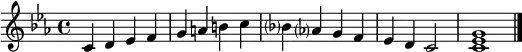 
\relative f' { 
   \tempo 4 = 160 \set Score.tempoHideNote = ##t
   \key c \minor
   c d es f | g a b c | bes? as? g f | es d c2 | << c1 es g >> \bar "|."
}
